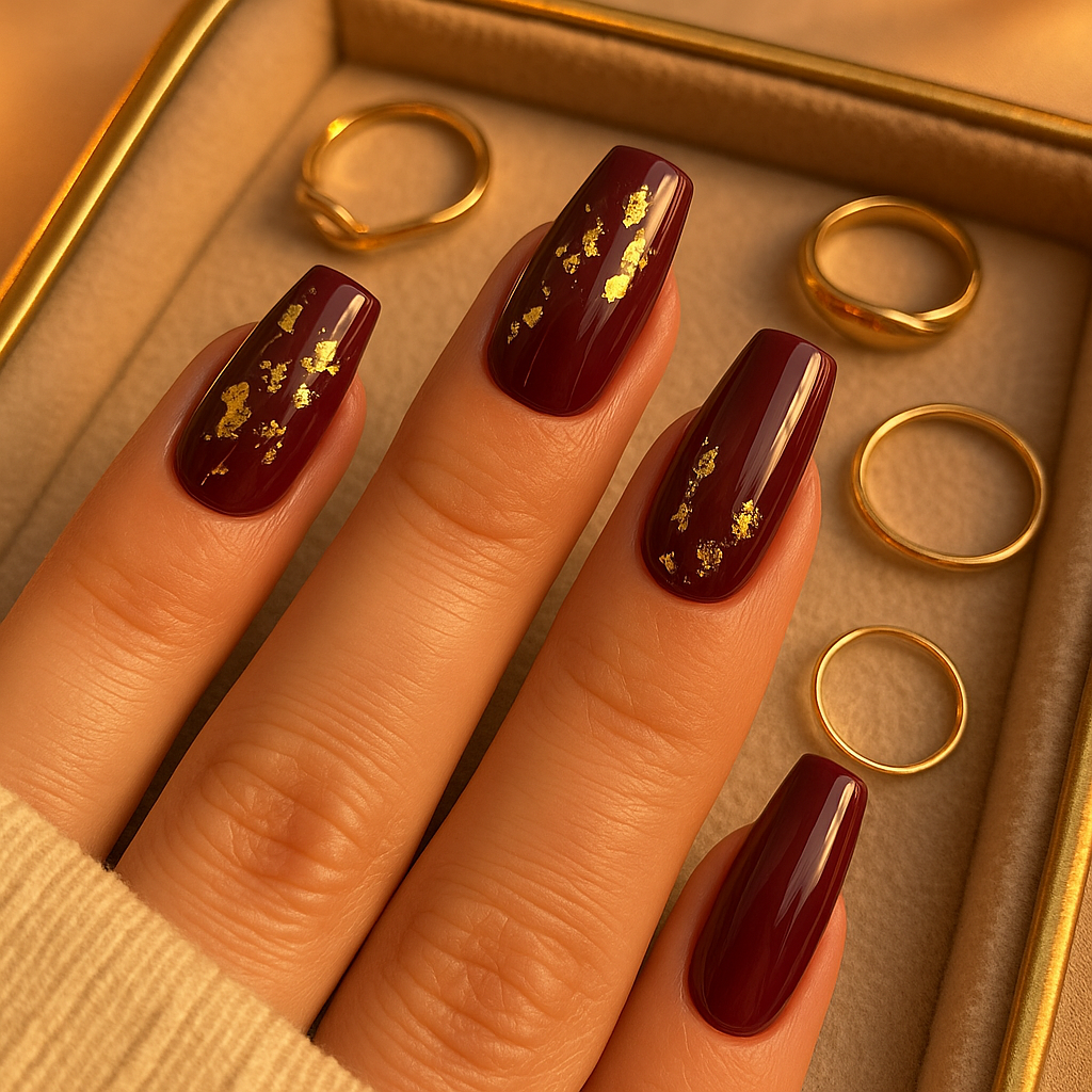 Burgundy Nails with Gold Accents