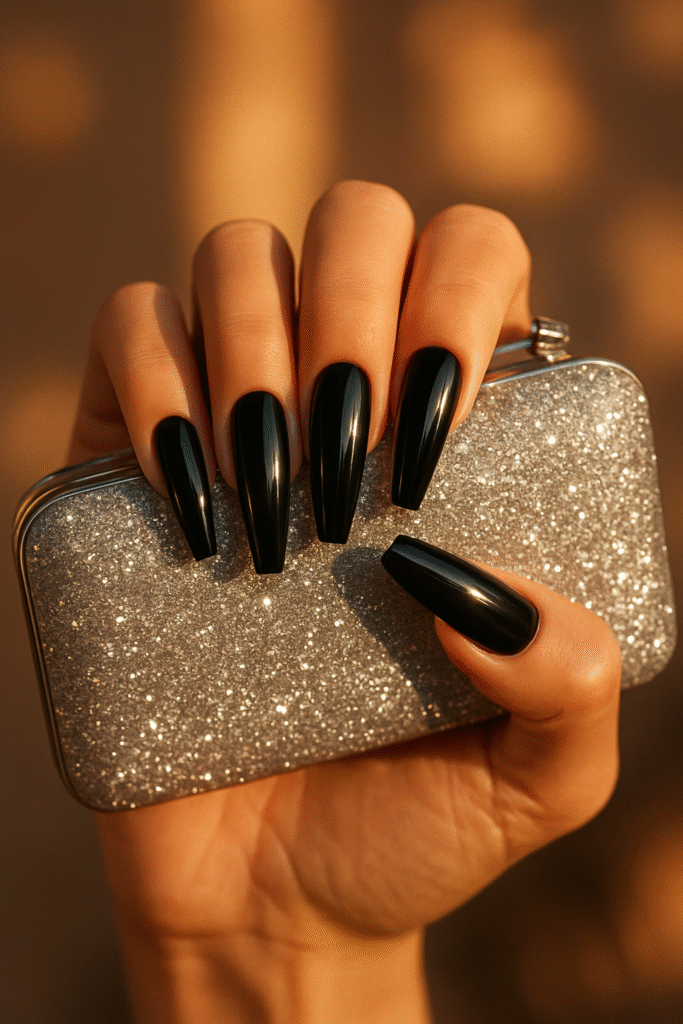 Glossy Black Coffin Nails for Bold Style
